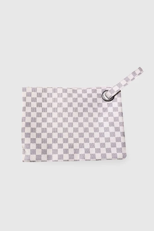 Tote bags with fun animal prints for playful, stylish fashion statements -THE "AVERY" FAUX LEATHER CHECKERED WRISTLET IN BEIGE