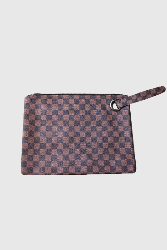 Monogrammed tote bags with initials for a classic and personalized accessory -THE "AVERY" FAUX LEATHER CHECKERED WRISTLET IN BROWN