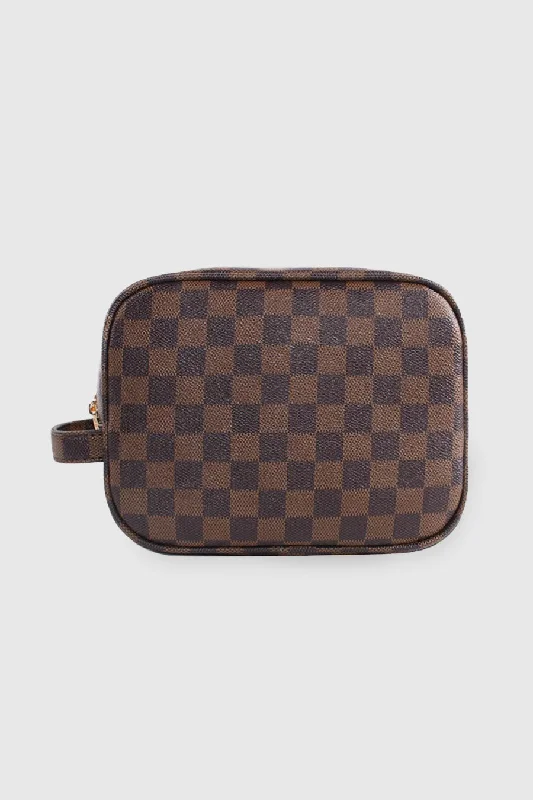 Luxury tote bags with gold accents for a touch of elegance and glamour -THE "KAYLA"FAUX LEATHER CHECKERED TRAVEL SIZE BAG IN BROWN