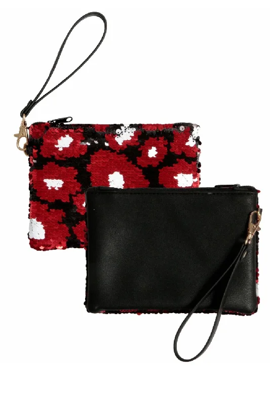 Small tote bags with a minimalist design for casual and chic styles -TOO CHIC REVERSIBLE SEQUIN WRISTLET IN BLACK AND RED