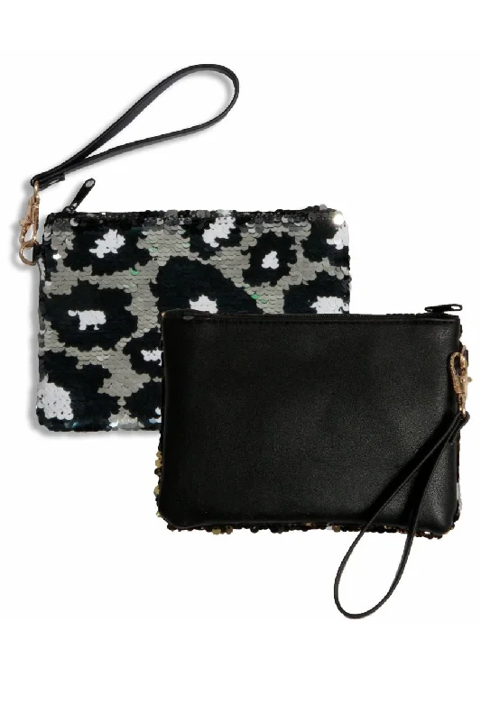 Multi-pocket tote bags with spacious interiors for efficient storage and organization -TOO CHIC REVERSIBLE SEQUIN WRISTLET IN BLACK AND SILVER