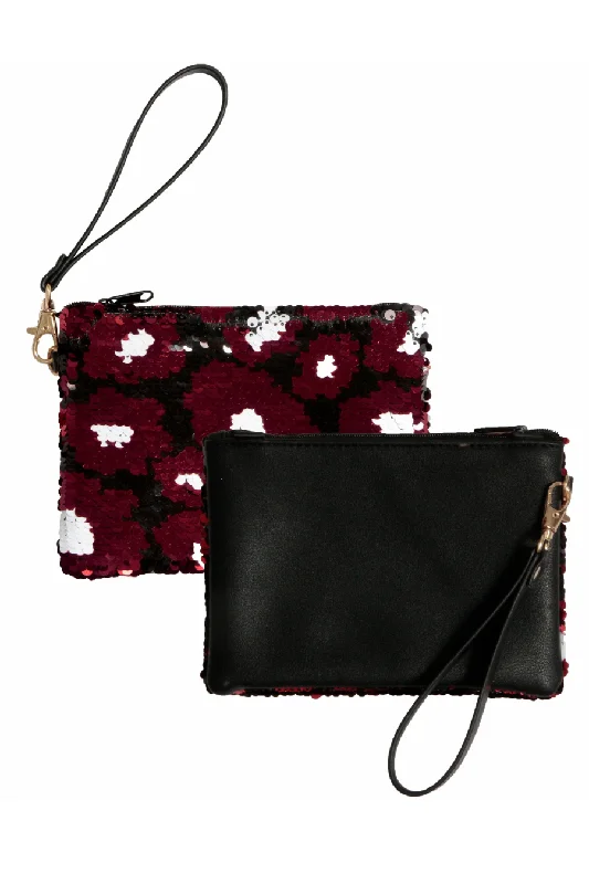 Personalized tote bags with custom graphics or quotes for unique style statements -TOO CHIC REVERSIBLE SEQUIN WRISTLET IN MAROON AND BLACK