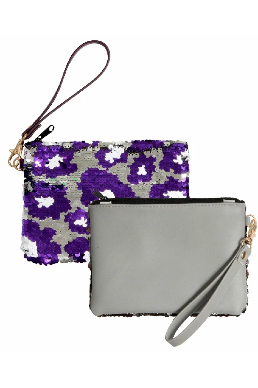 Affordable tote bags for work with plenty of storage and organization -TOO CHIC REVERSIBLE SEQUIN WRISTLET IN PURPLE AND SILVER