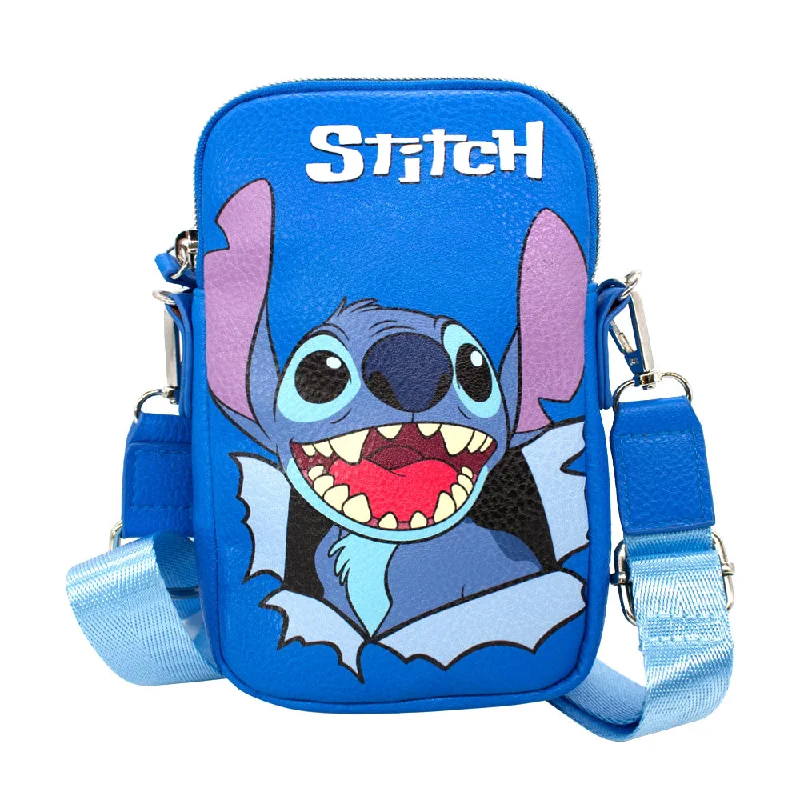 Tote bags with zipper closure for added security and peace of mind -Wallet Phone Bag Holder - Lilo & Stitch Stitch Smiling Face CLOSE-UP Blue