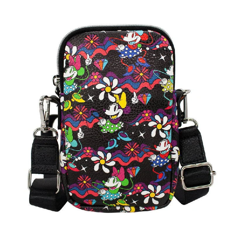 Fashionable printed tote bags with floral designs for a bold statement piece -Wallet Phone Bag Holder - Minnie Mouse Style Dancing Pose Floral Collage Black Multi Color