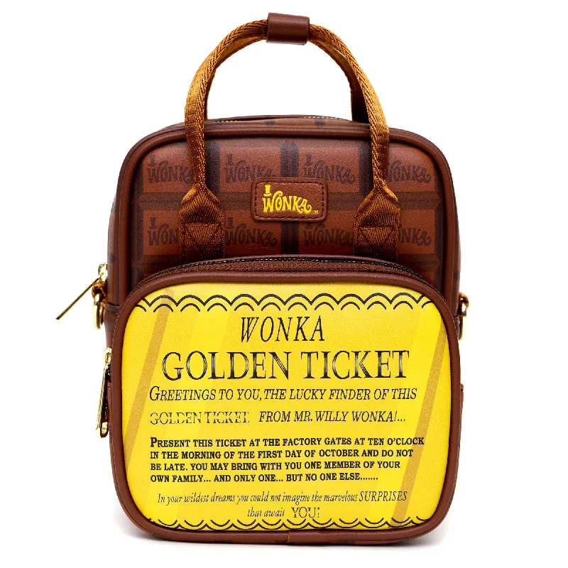 Embellished tote bags with beads or sequins for a glamorous, party-ready look -Warner Bros. Movies Bag, Cross Body, Willy Wonka Golden Ticket Text and Wonka Bar Print Browns, Vegan Leather