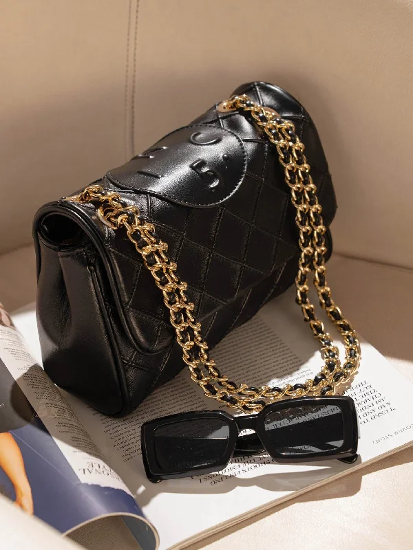 Luxury tote bags with premium leather and gold hardware for sophisticated style -Women Black Structured Chain Sling Bag with Quilted Texture