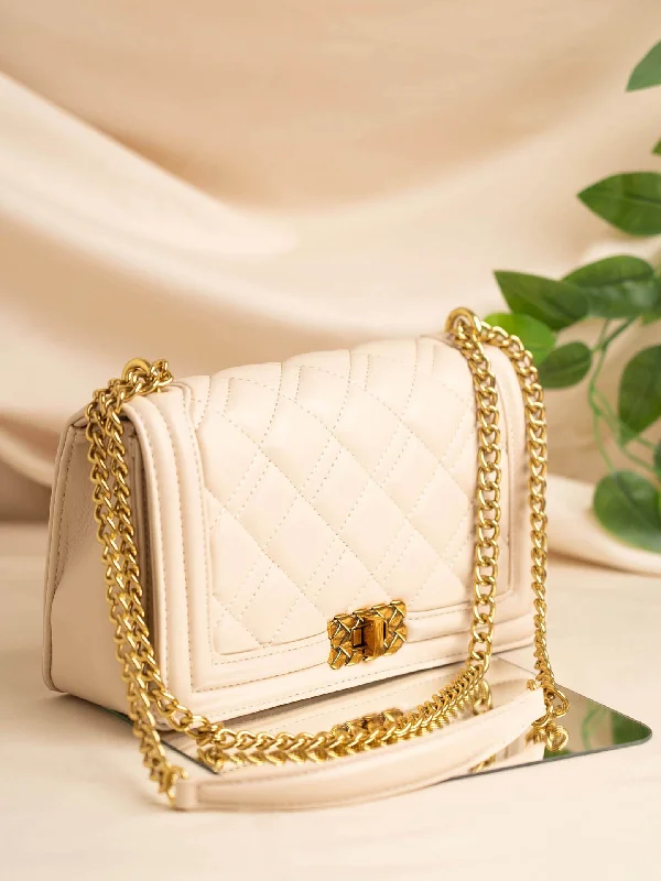 Designer tote bags with bold patterns and luxury accents for standout fashion -Women Off White Structured Chain Sling Bag with Quilted Detailing