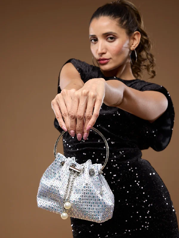 Tote bags with leather handles for added sophistication and durability -Womens Silver Embellished Pouch Potli