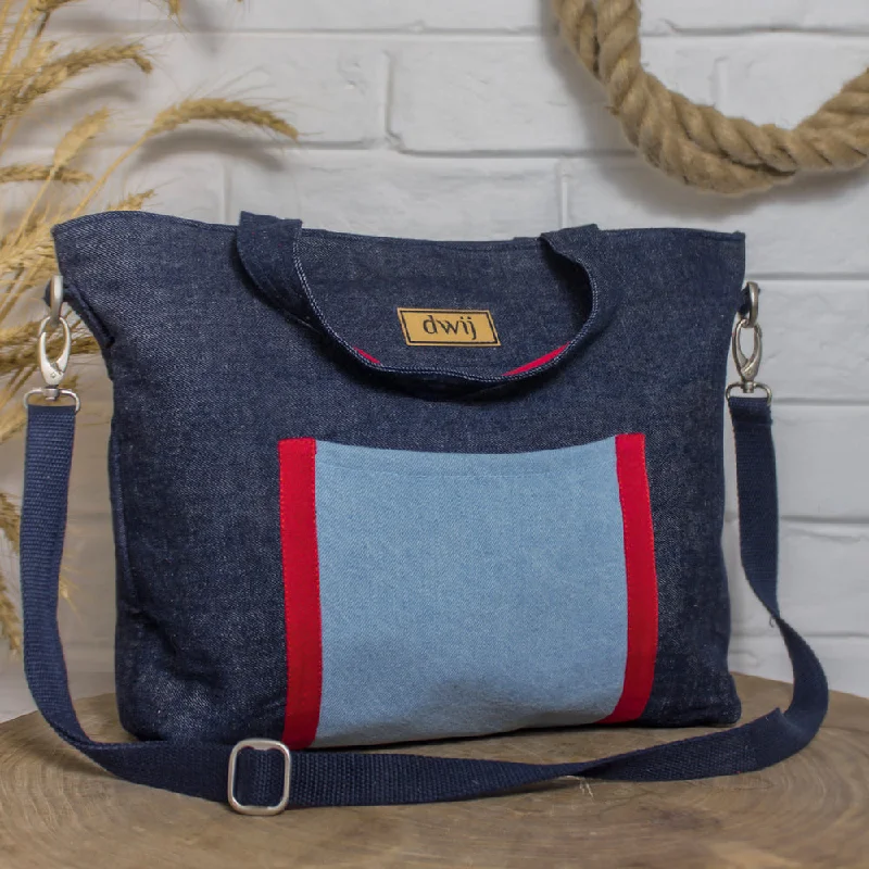 Shoulder bags with hidden slots for small items -Blue - Upcycled Denim Women's Office Tote Bags