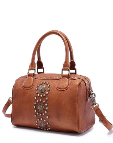 Geometric handle bags with bold patterns for a unique, statement fashion piece -Brown Vintage Ladies Leather Rivet Boston Handbag Purse Red Shoulder Handbag for Women