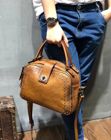 Trendy faux leather handle bags for women seeking stylish, vegan-friendly options -Vintage Womens Rivets Brown Leather Handbags Shoulder Handbags Vintage Leather Purses for Ladies