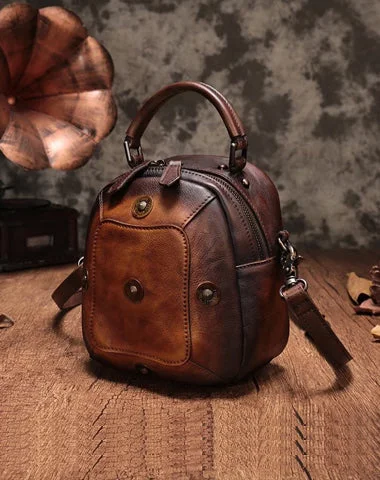 Handcrafted handle bags made from sustainable materials for eco-friendly fashion choices -Vintage Brown Geometric Womens Leather Round Brown Handbag Box Shoulder Bag Purse for Ladies