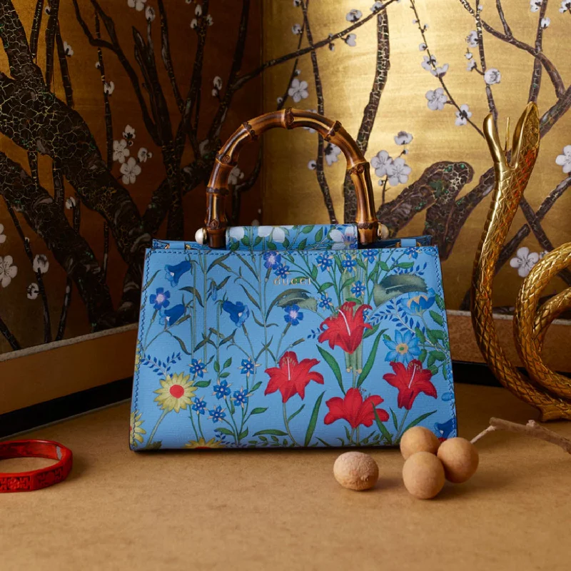 Elegant satin handle bags with delicate finishes for formal events or evening wear -Gucci Nymphae Azure Shanghai Leather Floral Blue Shoulder Handbag Purse New