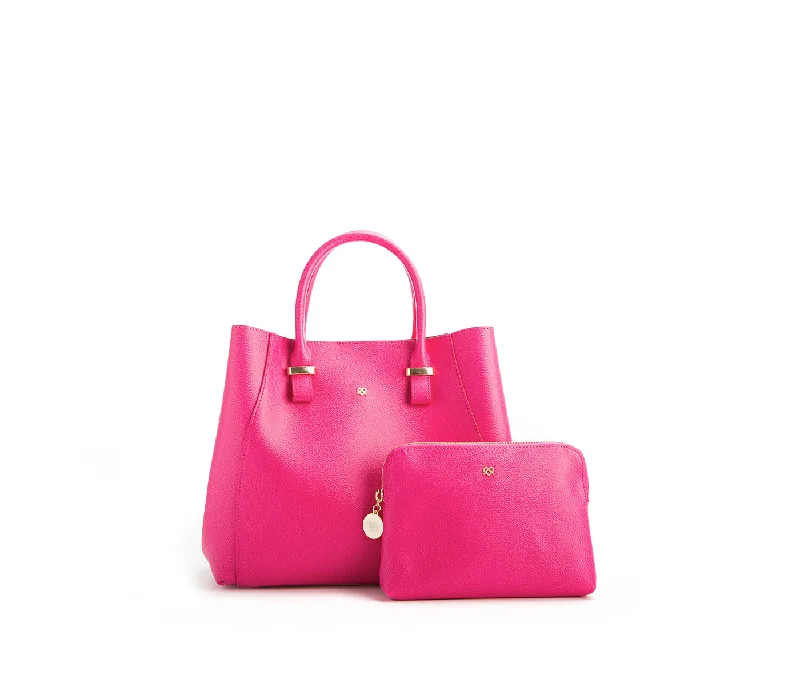 Spacious handle bags for work with laptop compartments and practical features -Gunas New York Jane Hot Pink Vegan Leather Satchel