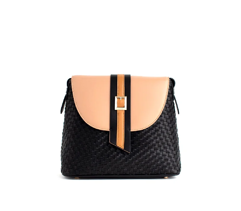 Classic black leather handle bags for timeless, versatile everyday fashion accessories -Gunas New York Kate Black Vegan Basket Weave Crossbody Shoulder Bag