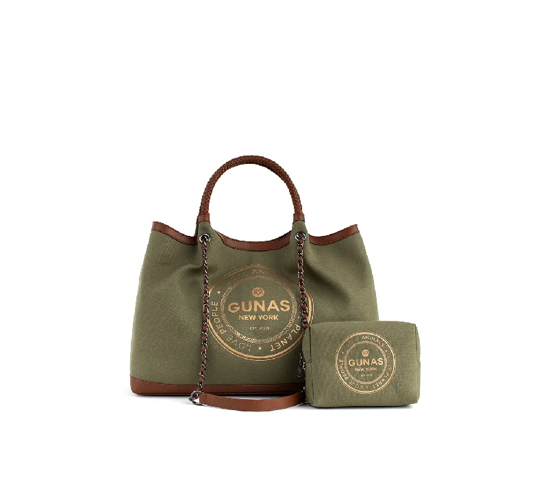 Hand-painted handle bags for unique, one-of-a-kind fashion accessories -Gunas New York RUTH Green Vegan Canvas Tote