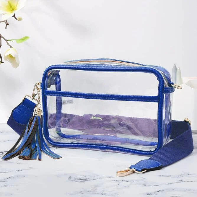 Trendy geometric handle bags with sharp lines and angles for modern appeal -Clear Cross Body Camera Bag in Royal Blue