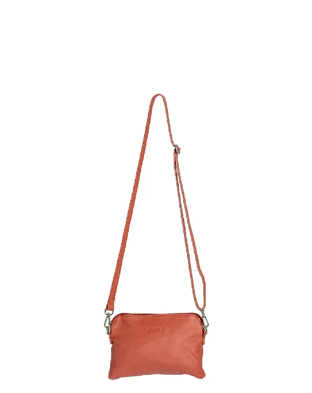 Canvas handle bags with leather detailing for a balanced blend of casual and chic -HOOPLA LEATHER MINI CROSSBODY SLOUCH/CLUTCH TERRACOTTA BROWN