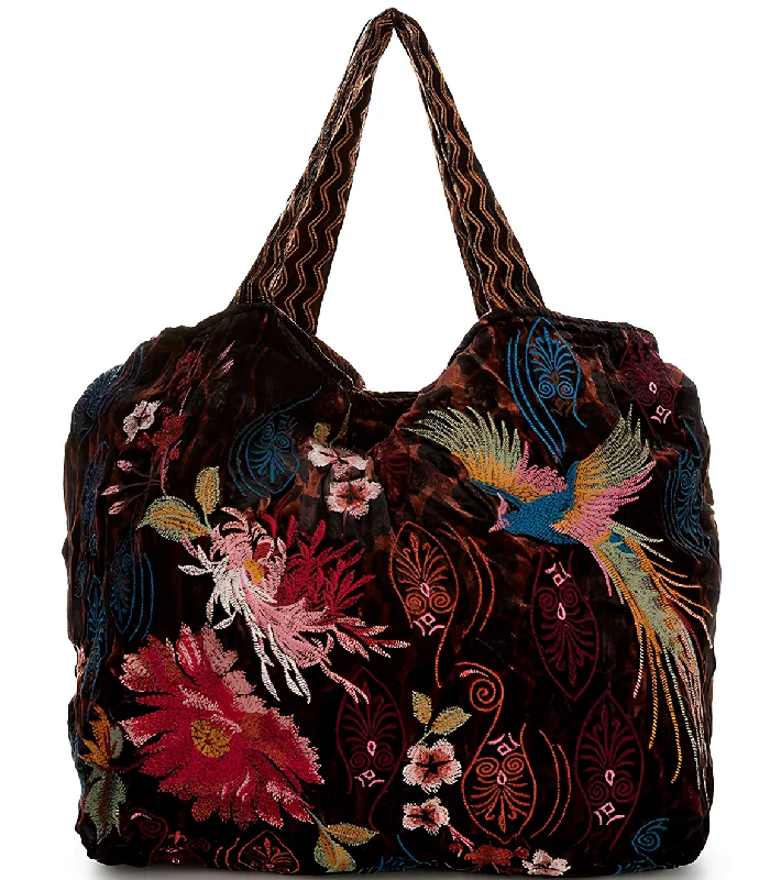 Affordable handle bags with zippered compartments for secure and organized storage -Johnny Was Ashira Velvet Tote Bag Floral Bird Tiger Eye Brown Handbag Purse New