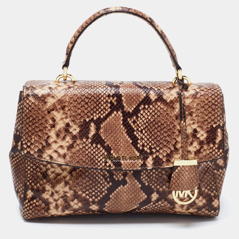 Trendy handle bags with transparent designs for a modern, edgy style -Michael Kors Ava Medium Python Snake Satchel Shoulder Bag Purse Beige Brown New