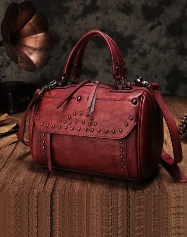 Retro leather handle bags for a vintage-inspired fashion statement and timeless style -Red Vintage Leather Womens Boston Handbag Side Bag Brown Rivet Boston Shoulder Purse for Ladies