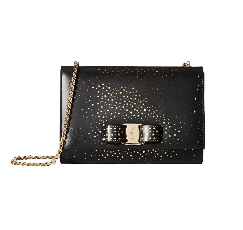 Modern handle bags with bold geometric designs for women who love edgy fashion -Salvatore Ferragamo Nero Crossbody Black Gold Glitter Leather Handbag Purse New