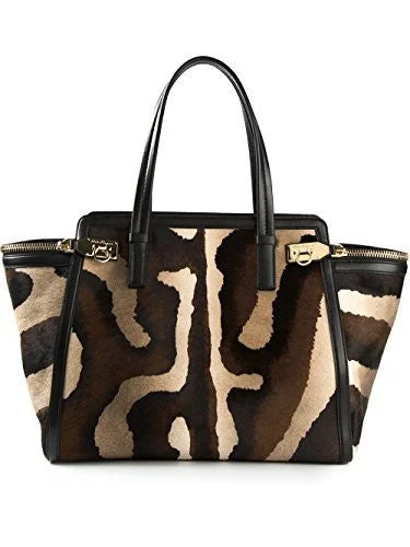 Modern minimalist handle bags with smooth finishes for a sleek and elegant look -Salvatore Ferragamo 'Verve' Tote Animal Fur Leather Tote Gold Hardware New