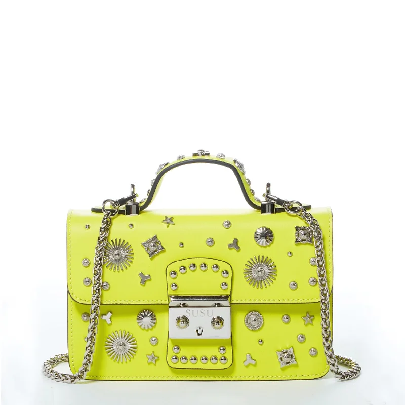 Retro leather handle bags for a vintage-inspired fashion statement and timeless style -SUSU The Hollywood Bright Yellow Studded Leather Crossbody Bag