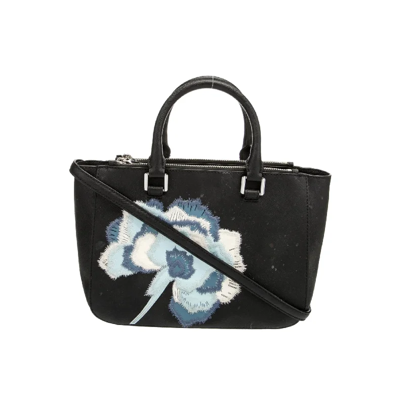 Double-handle bags with versatile styles for women who love functional, stylish options -Tory Burch Robinson Floral Appliqué Tote Shoulder Handbag Black Blue Purse New