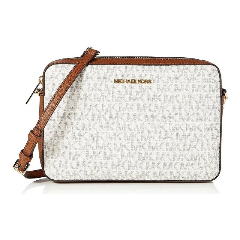 Handle bags with fringe accents for boho chic fashion and laid-back style -Michael Kors Logo Leather Shoulder Bag Crossbody White Brown